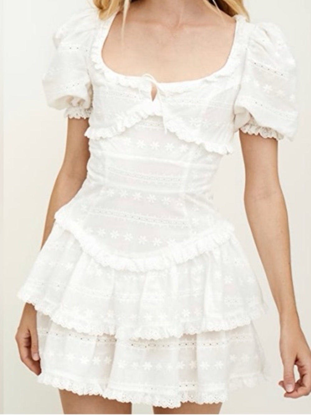 For Love & Lemons White Puff-Sleeve Ruffled Mini Dress XS